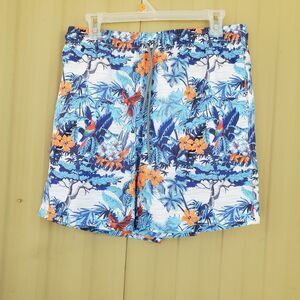 Biwisy Mens Tropical Mesh-Lined Elastic Drawstring Swim Trunks Blue Size Medium